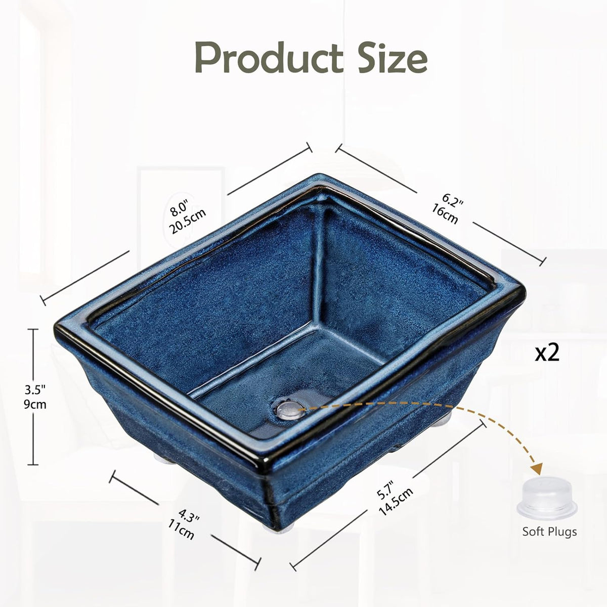 Blue Glazed Ceramic Bonsai Tree Pots with Drainage Hole, Set of 2 Rectangular Bonsai Pots Planters