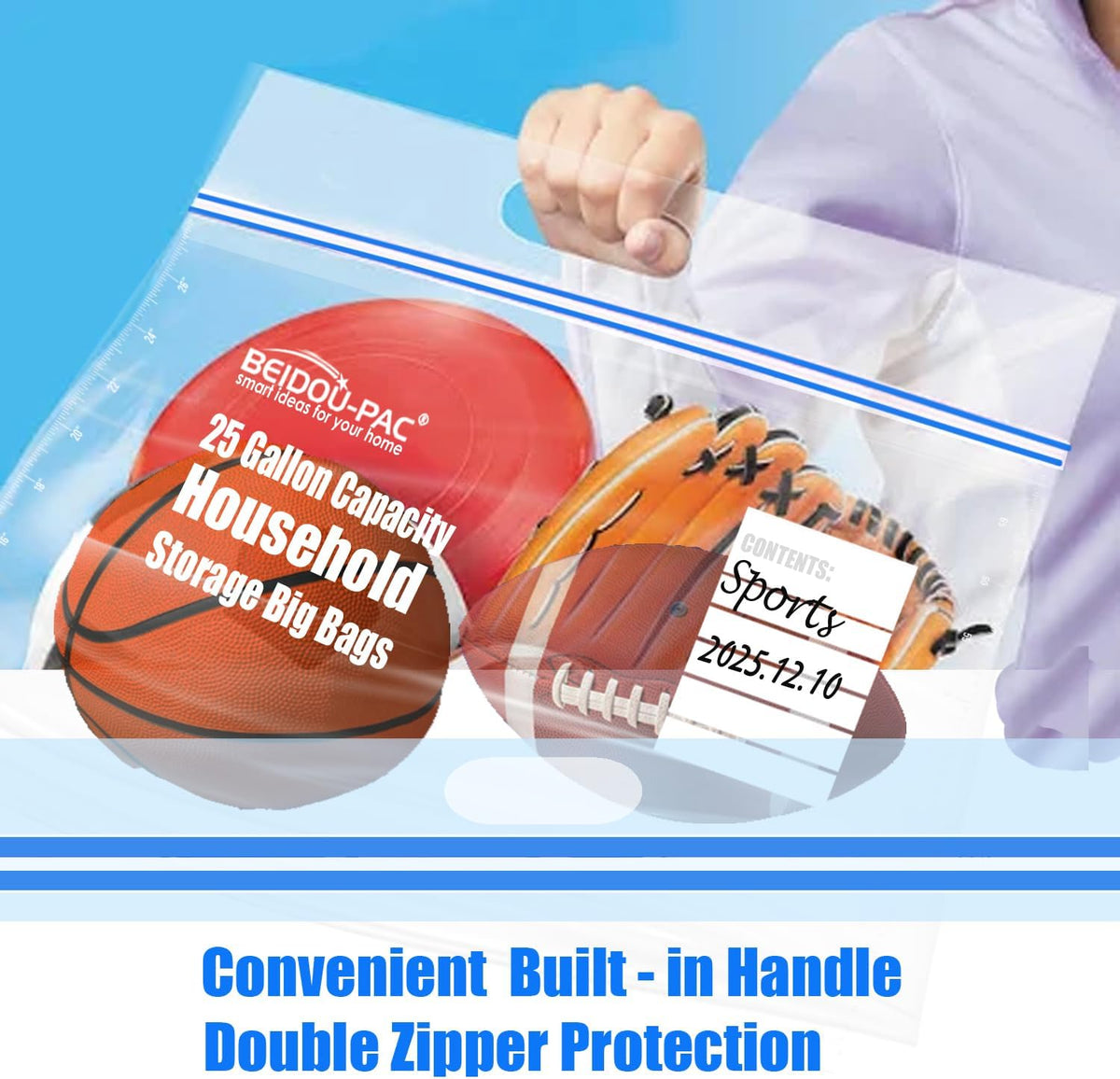 25 Gallon Jumbo Storage Bags with Handle, 30 Counts | Double Zipper Seal | Expandable Bottom