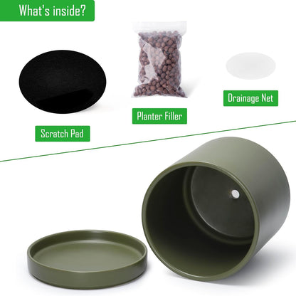 D'vine Dev 12 Inch Ceramic Planter Pot with Drainage Hole and Saucer, Indoor Cylinder Round Planter