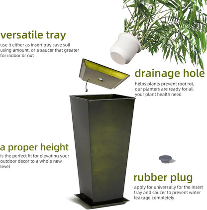 KOL 28''H. Tall Metal Planter with Saucer, Galvanized Steel Glazed Planter Pots with Drainage Hole