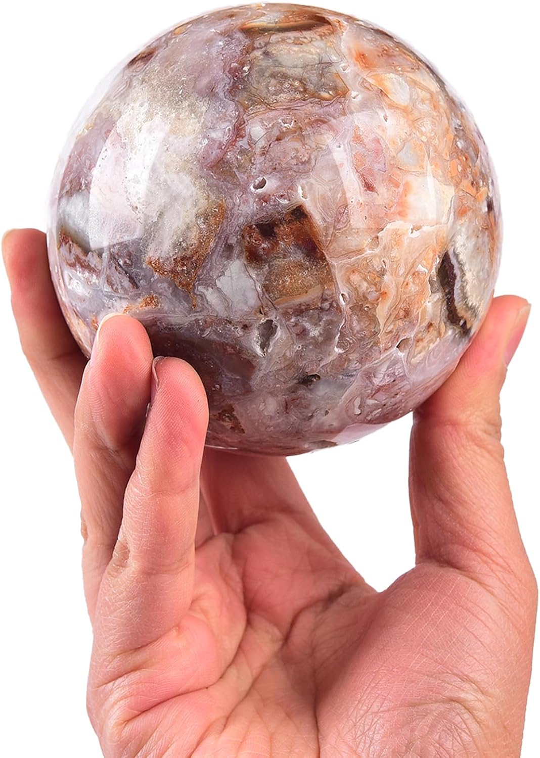 JIC Gem Natural Striped Agate Crystal Sphere with Wooden Stand Decorative Crystal Ball Healing