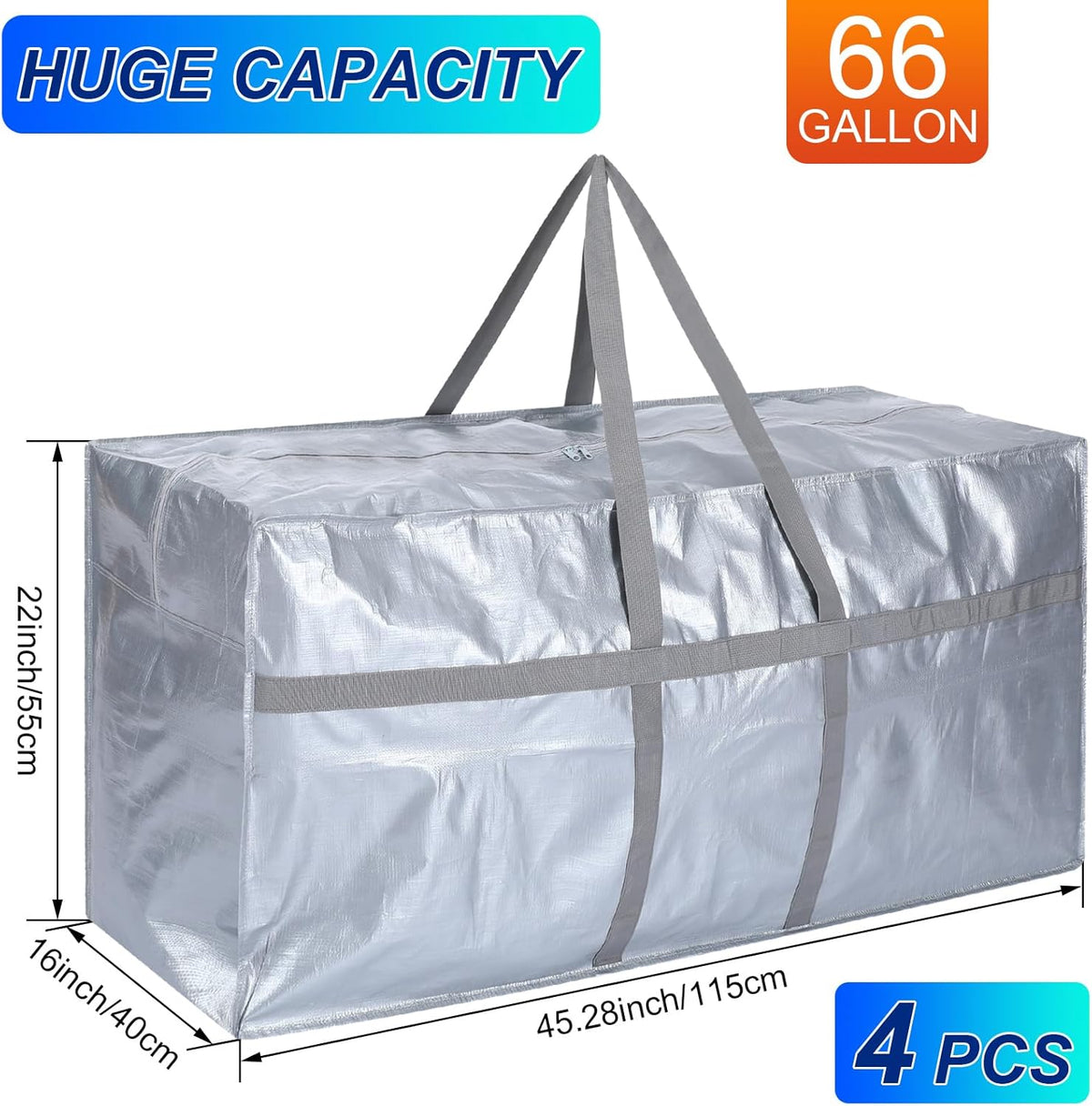 4 Pcs 66 Gallon Large Moving Bags with Zipper and Handles Foldable Storage Duffle Bags Heavy Duty