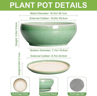 SQOWL Bonsai Pots - 10 Inch Ceramic Succulent Pots with Drainage Hole and Saucer, Shallow Planter