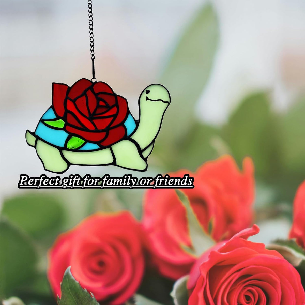 Stained Glass Turtle with Rose Birthday Gifts for Women, Stained Glass Window Hanging Suncatcher