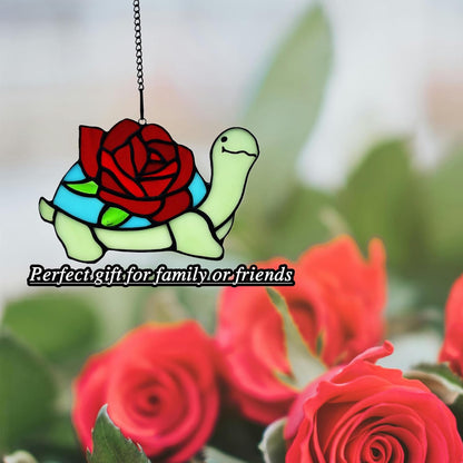 Stained Glass Turtle with Rose Birthday Gifts for Women, Stained Glass Window Hanging Suncatcher