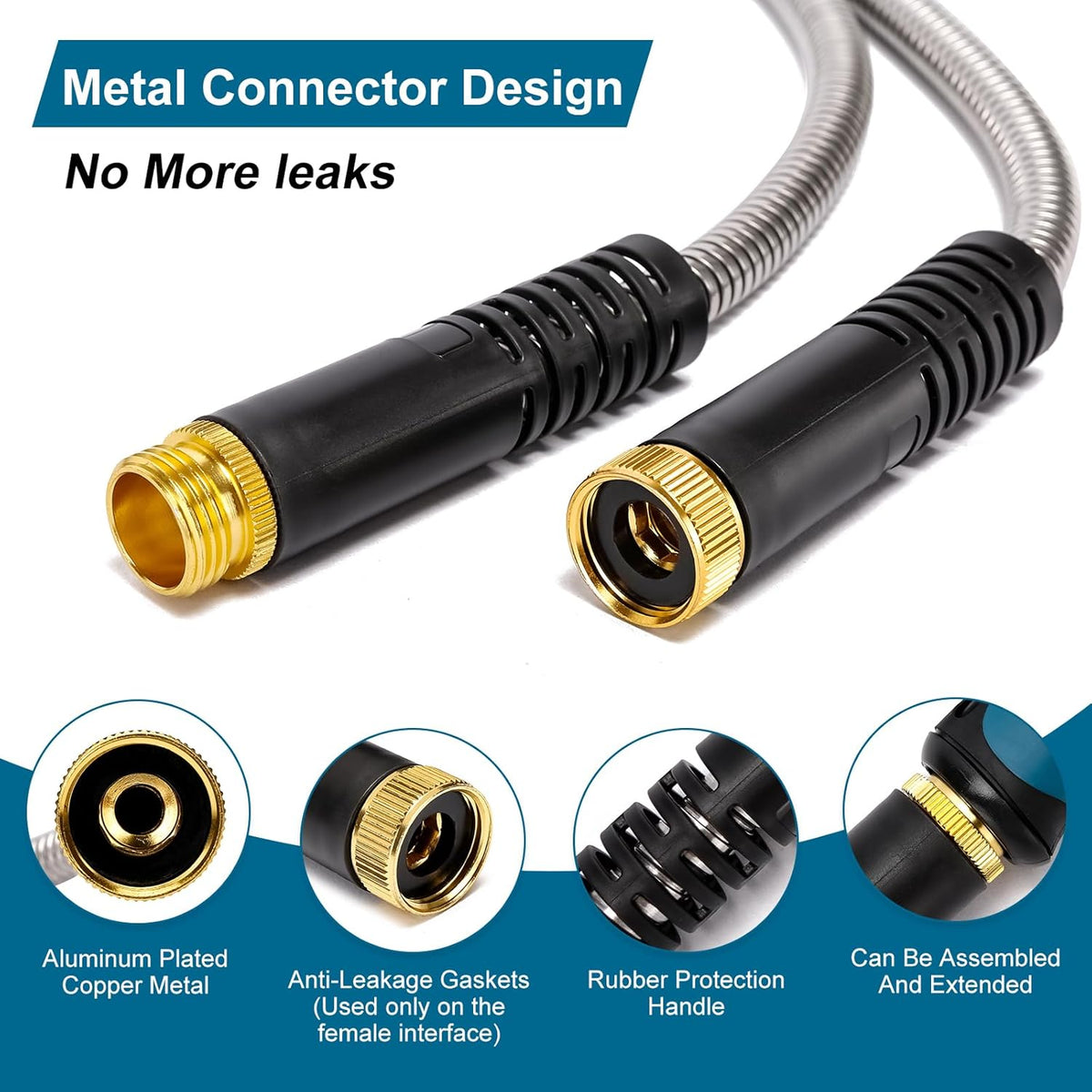 Metal Garden Hose 50 FT, Stainless Steel Hose, Water Hose with 10 Function Nozzle, No Kink &