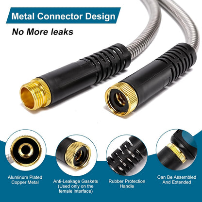 Metal Garden Hose 50 FT, Stainless Steel Hose, Water Hose with 10 Function Nozzle, No Kink &