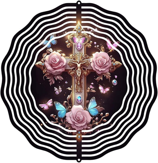 Jesus Cross Wind Spinner, Metal Wind Spinners Outdoor/Indoor, Cross Hanging Garden Decor for