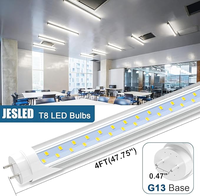 JESLED 4FT LED T8 Type A+B Tube Lights, 24W(65W Equivalent), 3200LM, 5000K, Single or Double End
