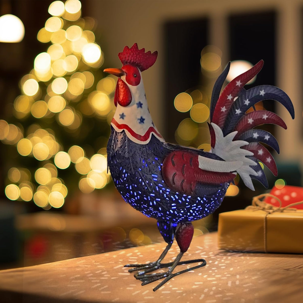 LIFFY Metal Rooster Yard Decor,18" Solar Powered Chicken Sculpture with Patriotic Flag