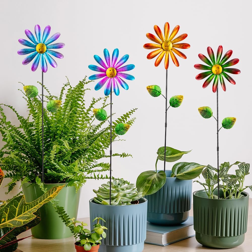 DREAMYSOUL 4 Packs Metal Flowers Wind Spinners Outdoor, Pinwheel Decorative Garden Stakes, Metal