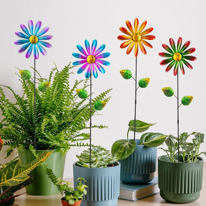 DREAMYSOUL 4 Packs Metal Flowers Wind Spinners Outdoor, Pinwheel Decorative Garden Stakes, Metal