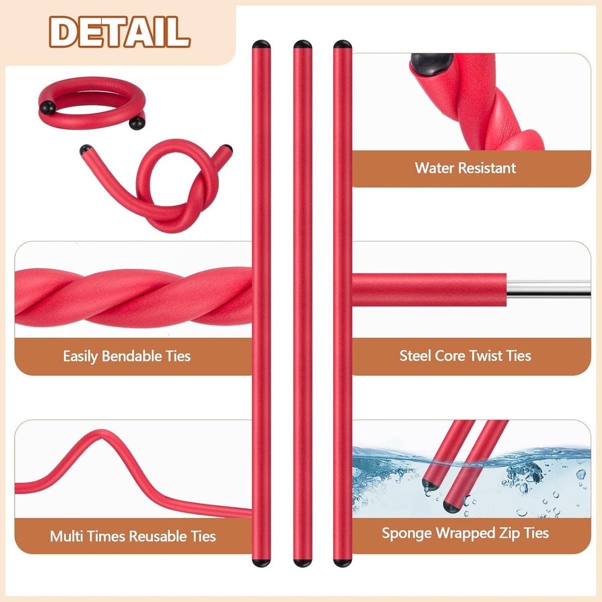 20 Pcs 17 Inch EVA Foam Twist Rubber Ties Reusable Bendable Cable Tie Straps Flexible Heavy Duty