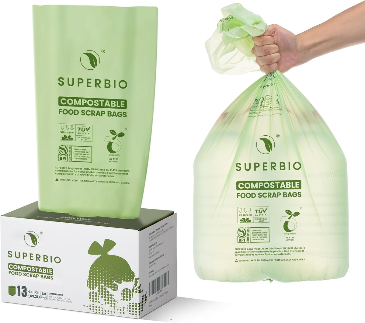 SUPERBIO 13 Gallon Compostable Kitchen Waste Bags, 50 Count, 1 Pack, Flat top Food Scrap bags