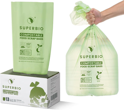 SUPERBIO 13 Gallon Compostable Kitchen Waste Bags, 50 Count, 1 Pack, Flat top Food Scrap bags
