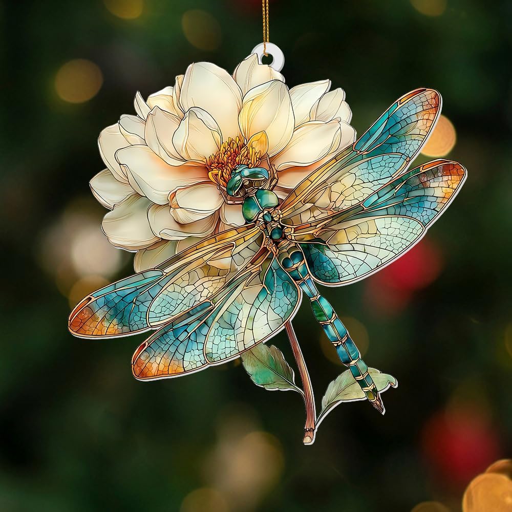 Dragonfly Ornament Stained Glass Style – Acrylic Window Hanging Suncatcher with Flower, Dragonfly