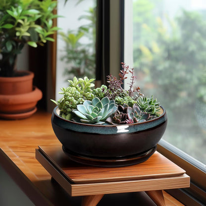 SQOWL Succulent Planters 8 Inch - Ceramic Bonsai Pots with Drainage Hole and Ceramic Saucer, Round