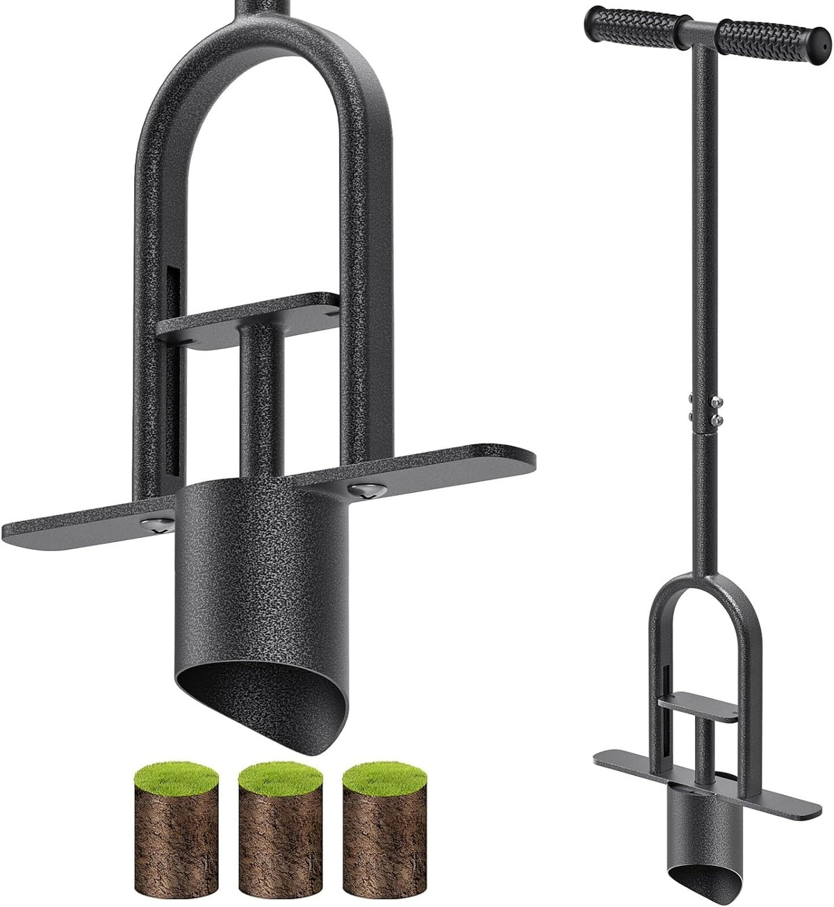 Garden Grass Plugger Tool with Long Handle Sod Turf Plugger Steel Bulb Planter with Soft Rubber