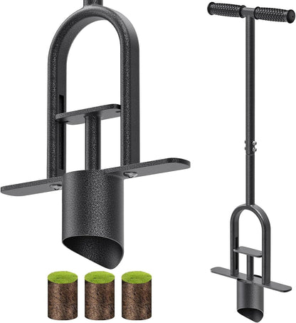 Garden Grass Plugger Tool with Long Handle Sod Turf Plugger Steel Bulb Planter with Soft Rubber