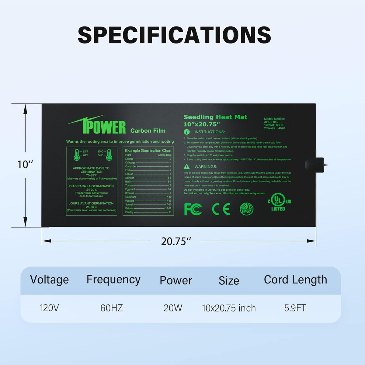iPower 10" x 20.75" Seeding Heat Mat with New-Upgraded Carbon Film, Indoor Gardening Plant