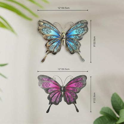 LIFFY Metal Butterfly Wall Decor,2Pack 12" Glass Butterfly Outdoor Wall Art Sculptures,Hanging