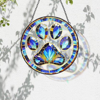 Dog Cat Paw Print Suncatcher Stained Glass Window Hanging - Handmade Stained Glass Panel