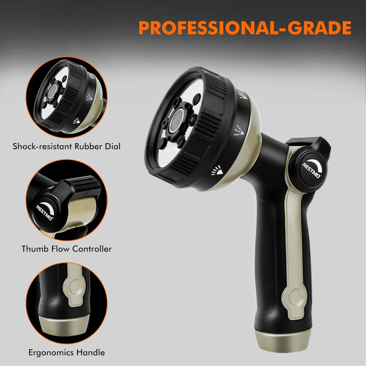 RESTMO Full Shower Hose Nozzle, Metal Spray Nozzle for Garden Hose, 8 Spray Patterns, Water Hose