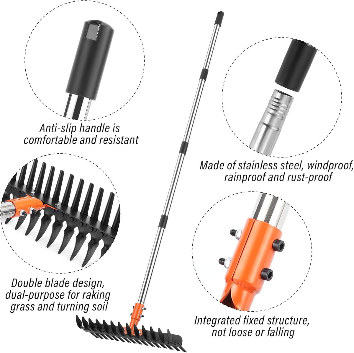 Garden Thatch Rake for Lawn, Heavy Duty Metal Thatching rake with Strong Handle, Wide 15inch Iron