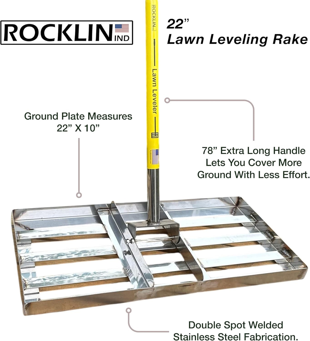 Rocklin™ Lawn Leveling Rake – 22” x 10” Stainless Steel Levelawn Tool with 78” Handle | Smooth &