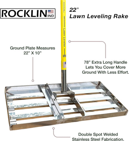 Rocklin™ Lawn Leveling Rake – 22” x 10” Stainless Steel Levelawn Tool with 78” Handle | Smooth &