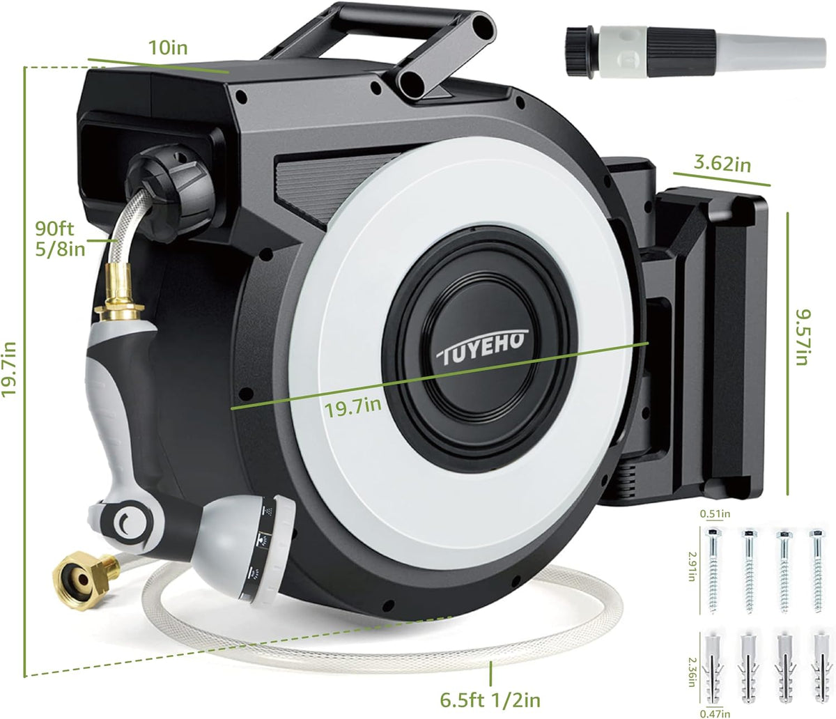 Tuyeho Retractable Garden Hose Reel 5/8" x 90 ft, Wall Mount Water Hose Reels with Automatic Slow