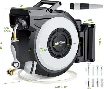 Tuyeho Retractable Garden Hose Reel 5/8" x 90 ft, Wall Mount Water Hose Reels with Automatic Slow