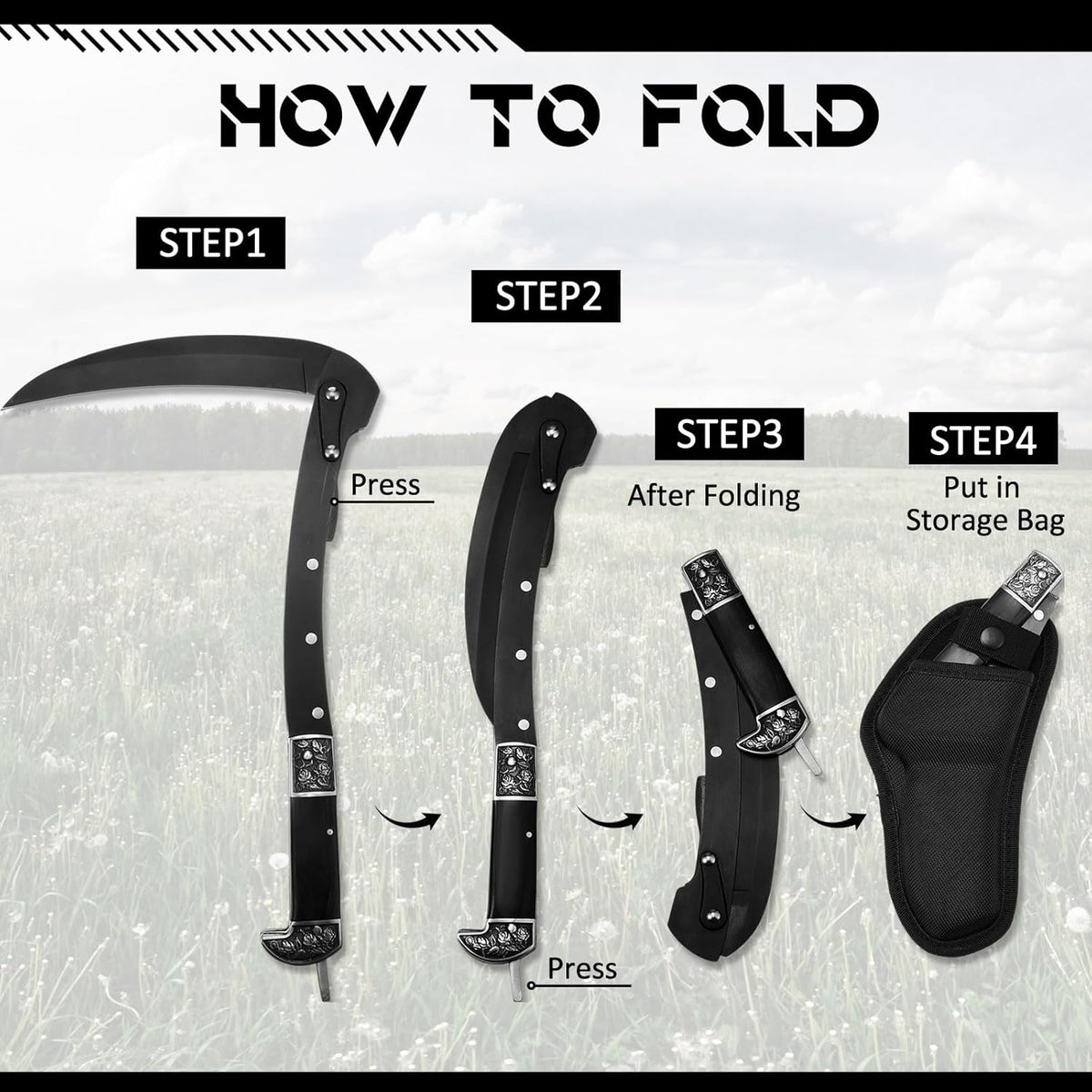 WILLBOND Black Sharp Folding Sickle Garden Tool Portable Safety Grass Hand Sickle Knife with Sheath