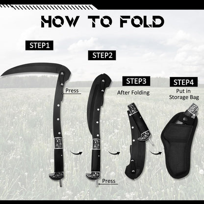 WILLBOND Black Sharp Folding Sickle Garden Tool Portable Safety Grass Hand Sickle Knife with Sheath