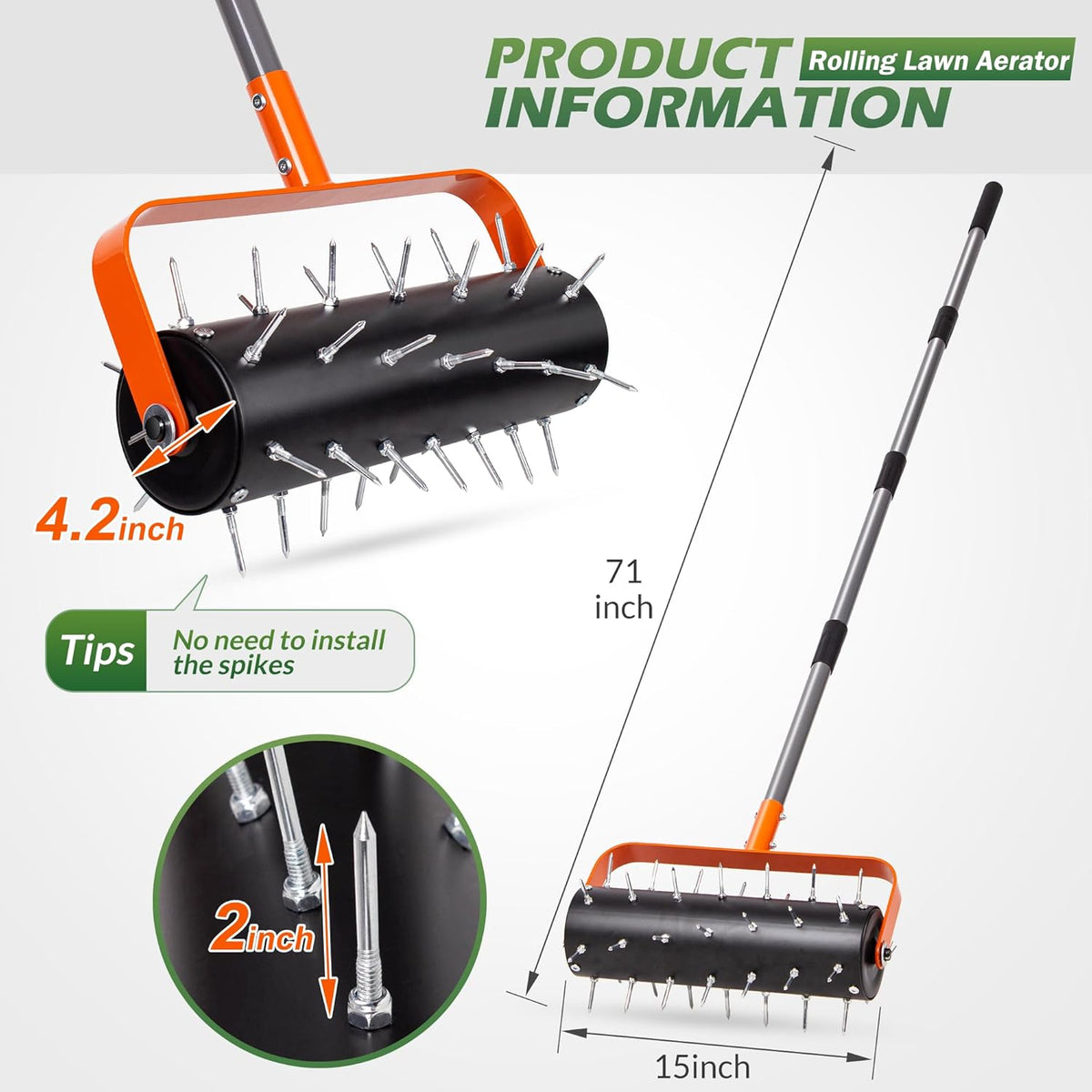 Walensee Rolling Lawn Aerator, Heavy Duty Manual Aerator Tool with 42 Spikes, Lawn Spike Aerator