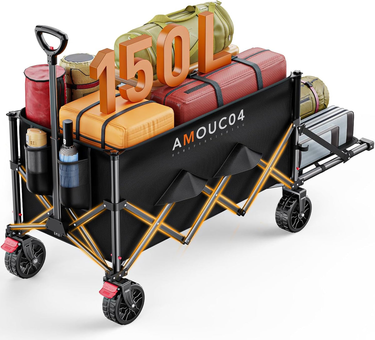 Wagon Cart Foldable, Collapsible Wagon with Expandable Storage, 150L Foldable Grocery Cart with 2