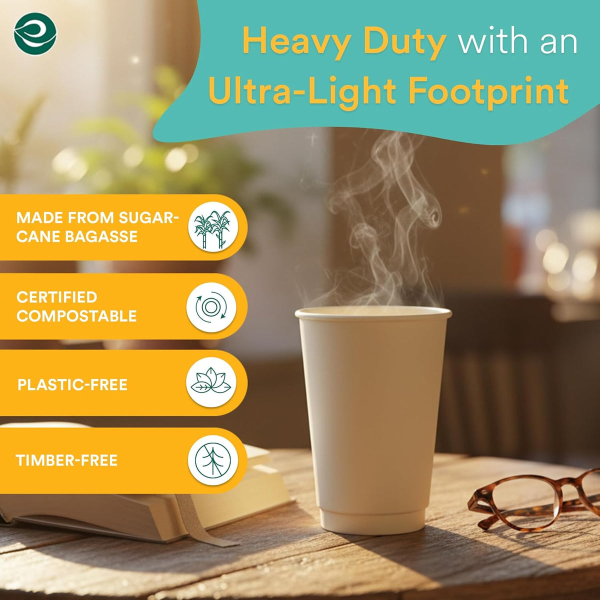 ECO SOUL 100% Compostable Plant-Based 16oz Hot Cups | (50 Count, 16 oz Hot Cups) | Disposable