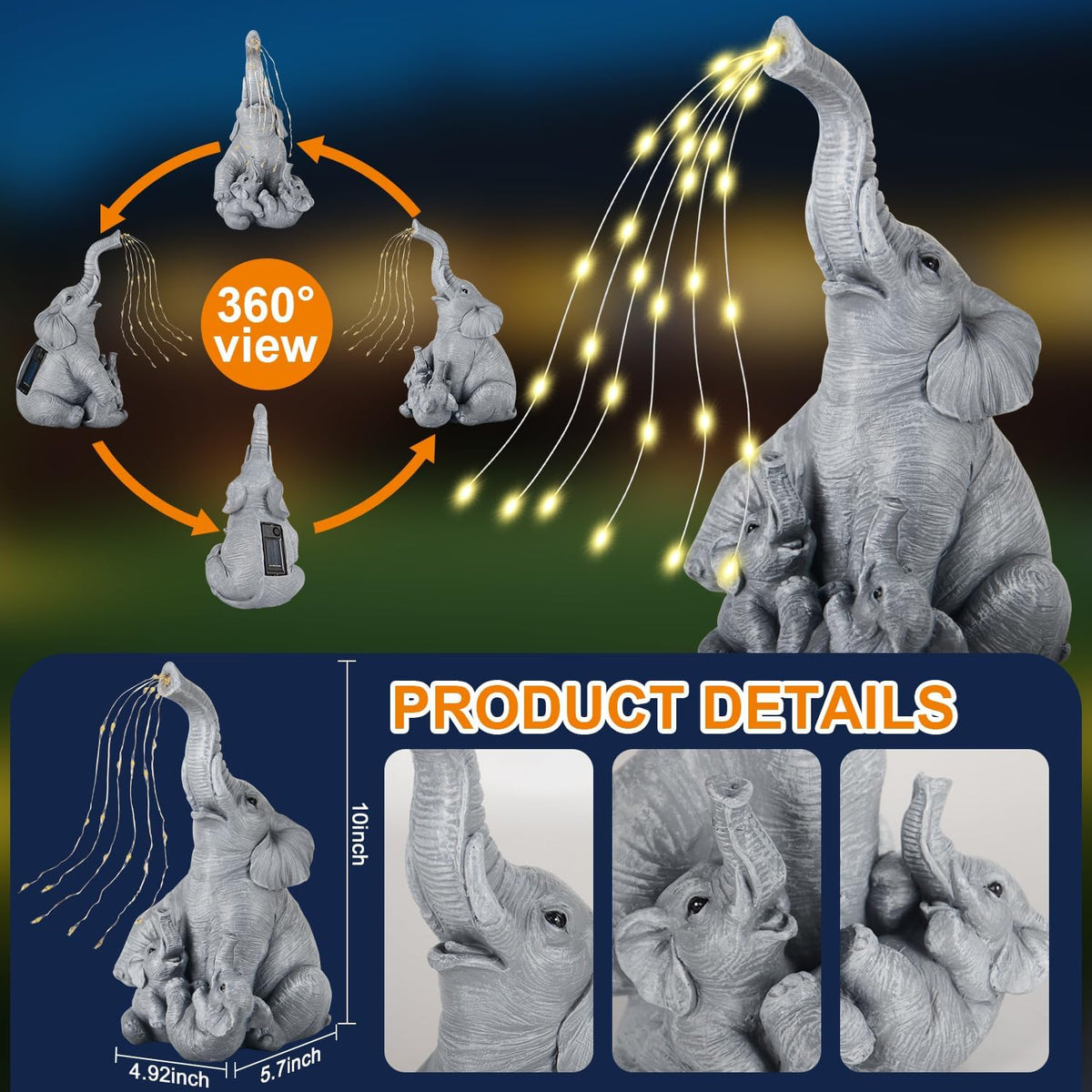 Solar Garden Decor Statue – Outdoor Unique Elephant Family Resin Figurine for Patio, Yard, Lawn