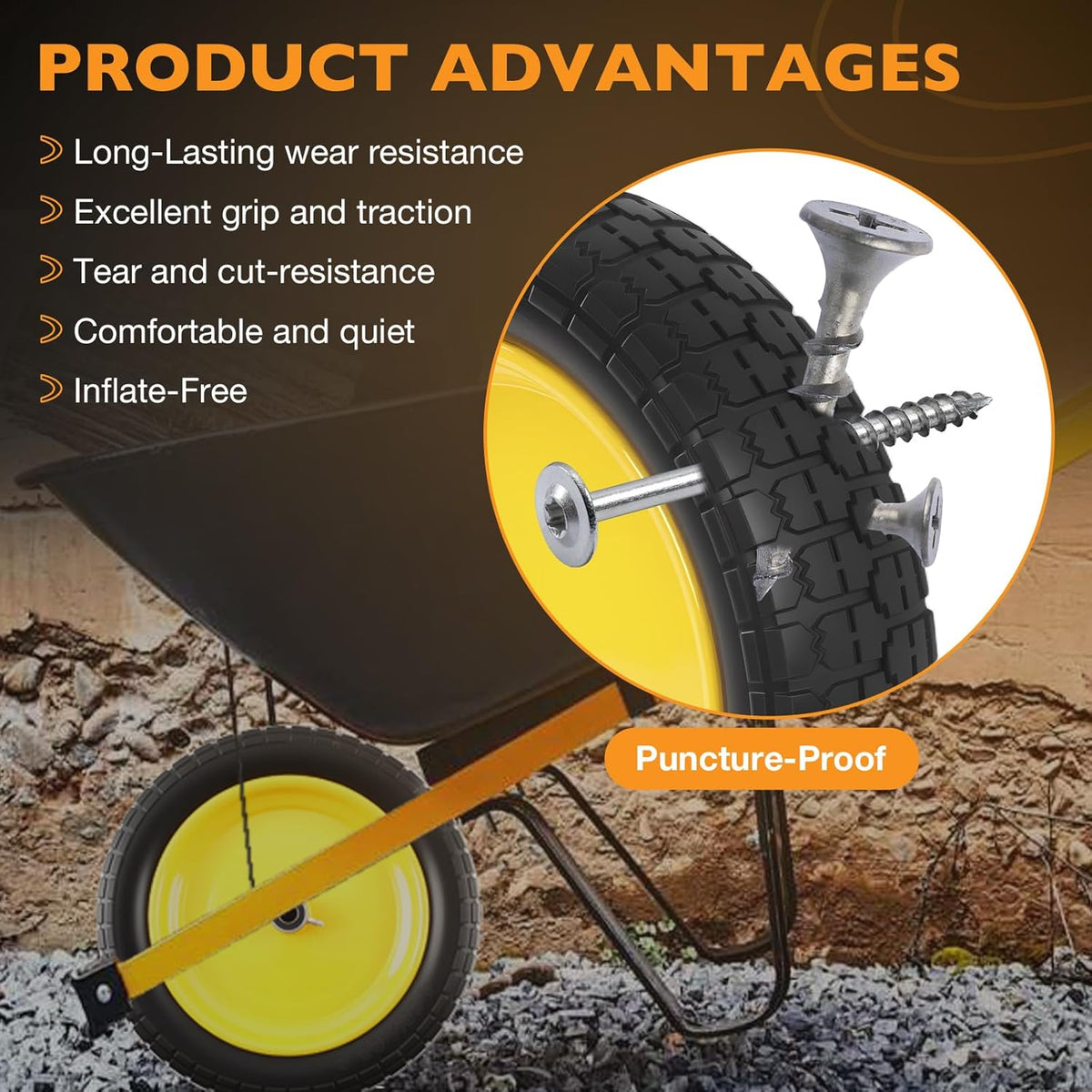 HQPASFY 16" Flat Free Tire 4.80/4.00-8 Wheelbarrow Tire and Wheel, 3" Centered Hub, 5/8" & 3/4"