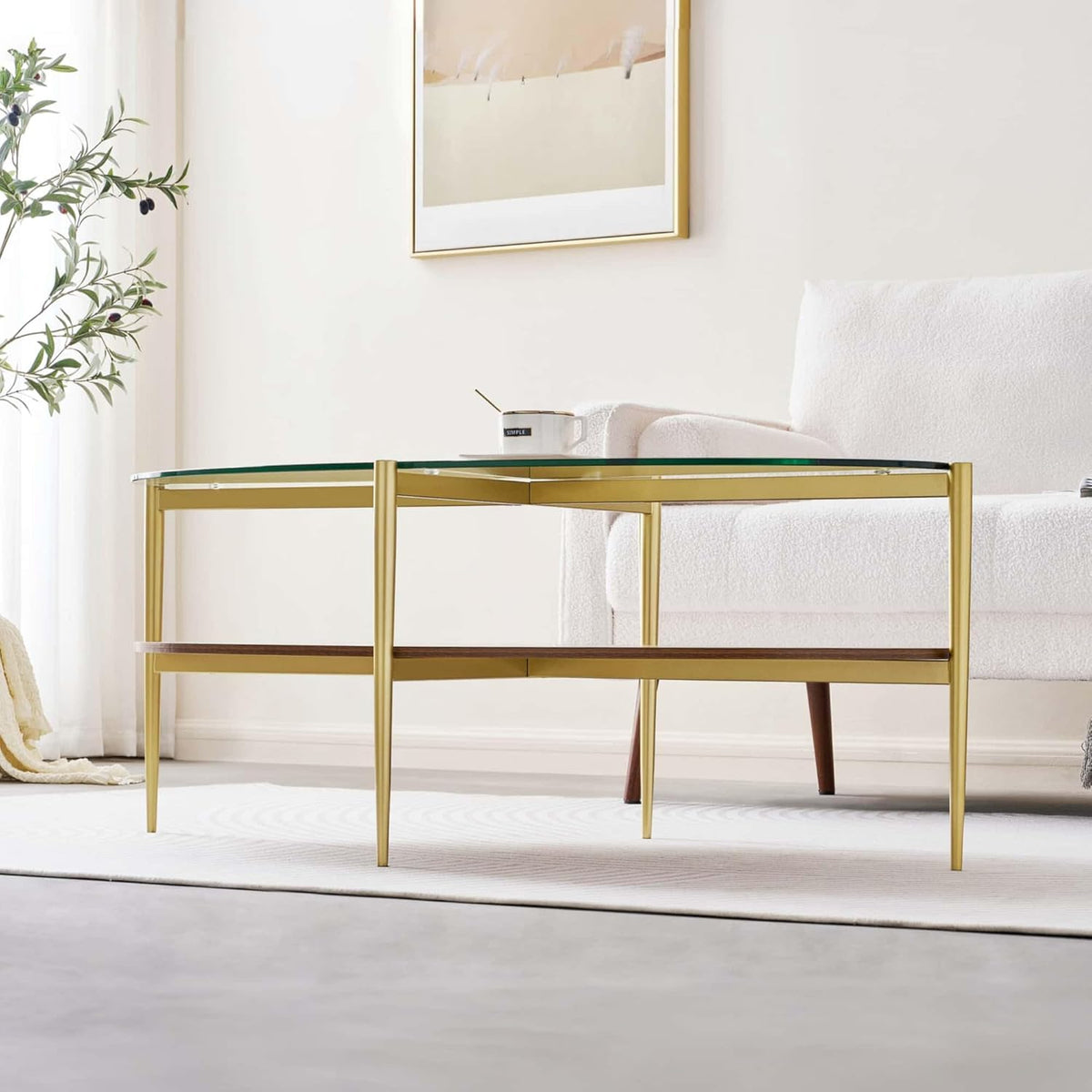 Oval Glass Coffee Table, Mid-Century Modern Design, L43 x W22 x H17 inch, 2-Tier Structure, Olive
