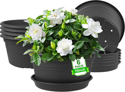 6 Pack 10 inch Plant Pot, Round Plastic Plant Pots, Outdoor Pots for Plants with Drainage Hole &