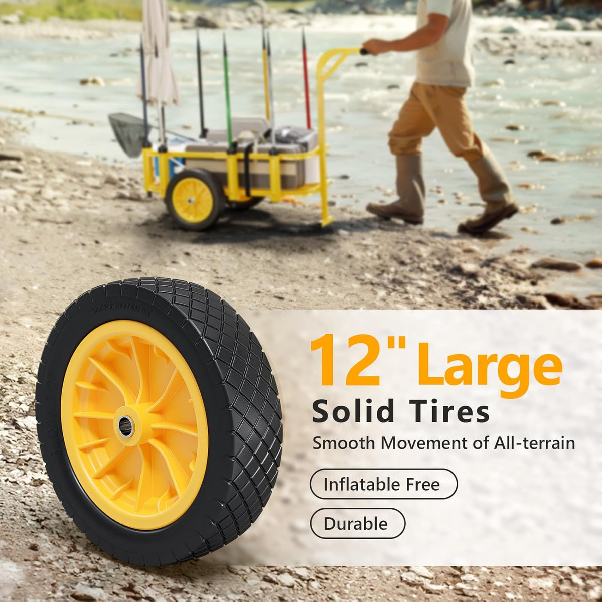Bonnlo Beach Fishing Cart, Beach Wagon Trolley with 12" Big No-Flat Airless Tires, Foldable Beach