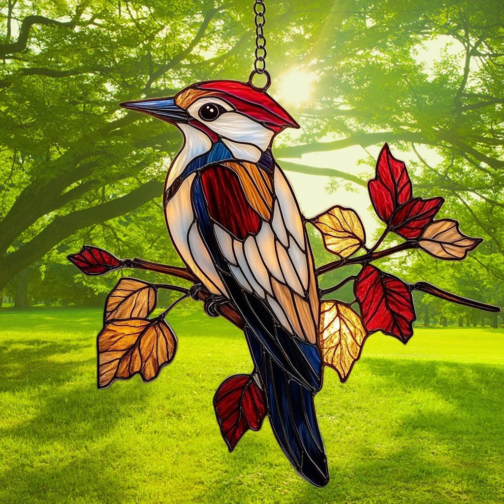 Red Woodpecker Acrylic Suncatcher Stained Glass Effect Window Car Hanging Christmas Ornament Indoor