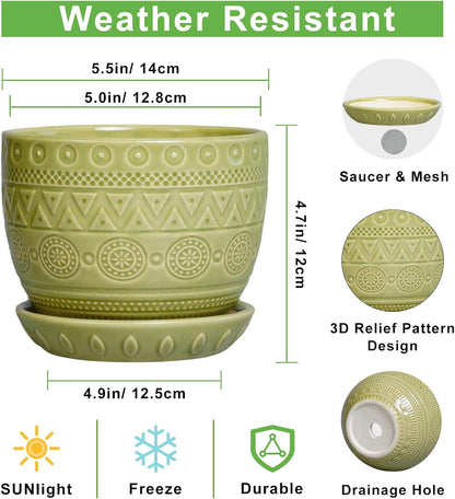 G EPGardening Indoor Plant Pot 5.5 Inch - Ceramic Planter with Drainage Hole and Saucer, Round Boho