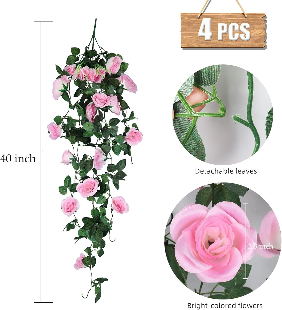 RECUTMS 4PCS Artificial Rose Vine Hanging Plants Fake Flower Outdoor Flowers UV Resistant for