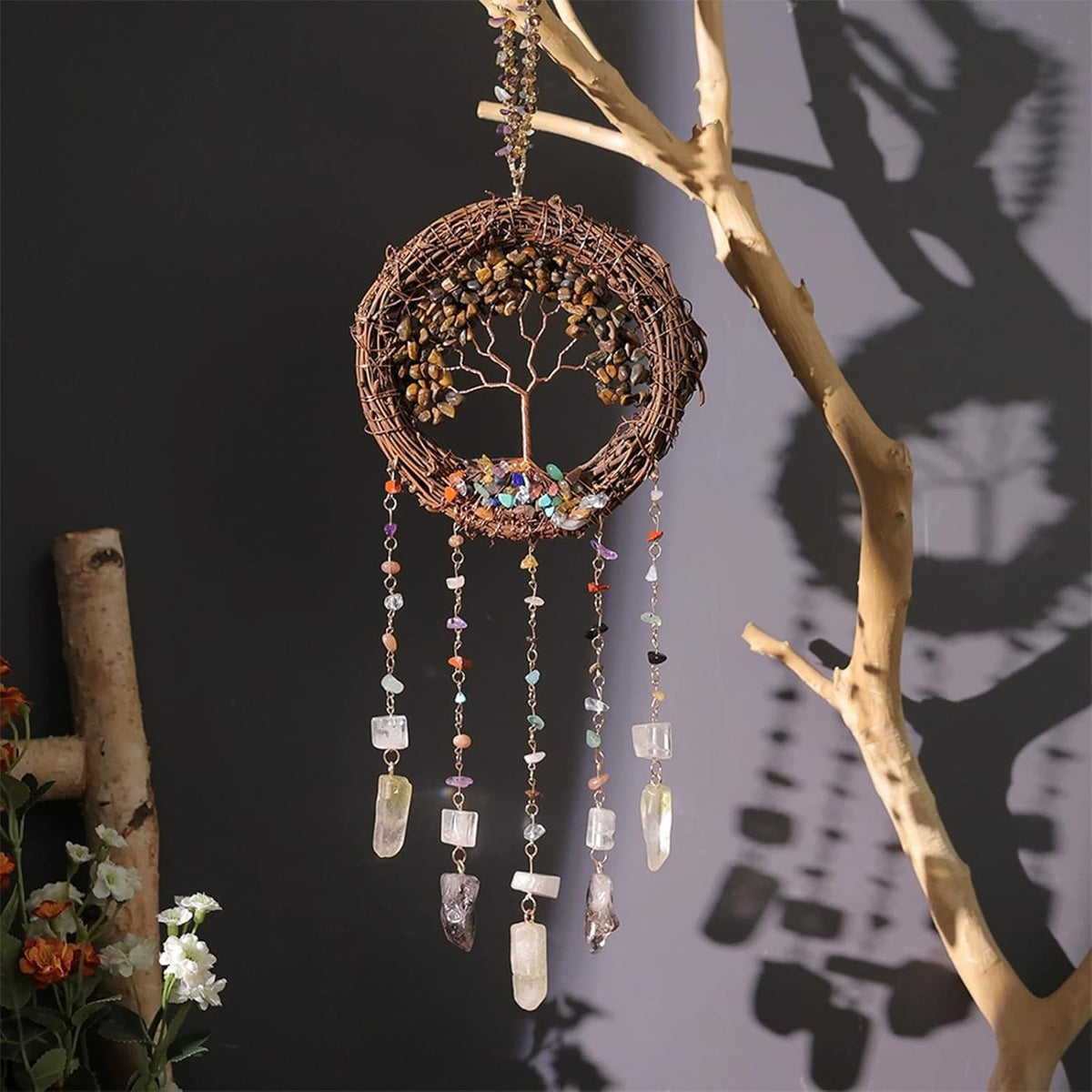 TUOKING Crystal Suncatchers for Window Tree of Life Brown Crystals Vine Wreath Sun Catchers Rainbow