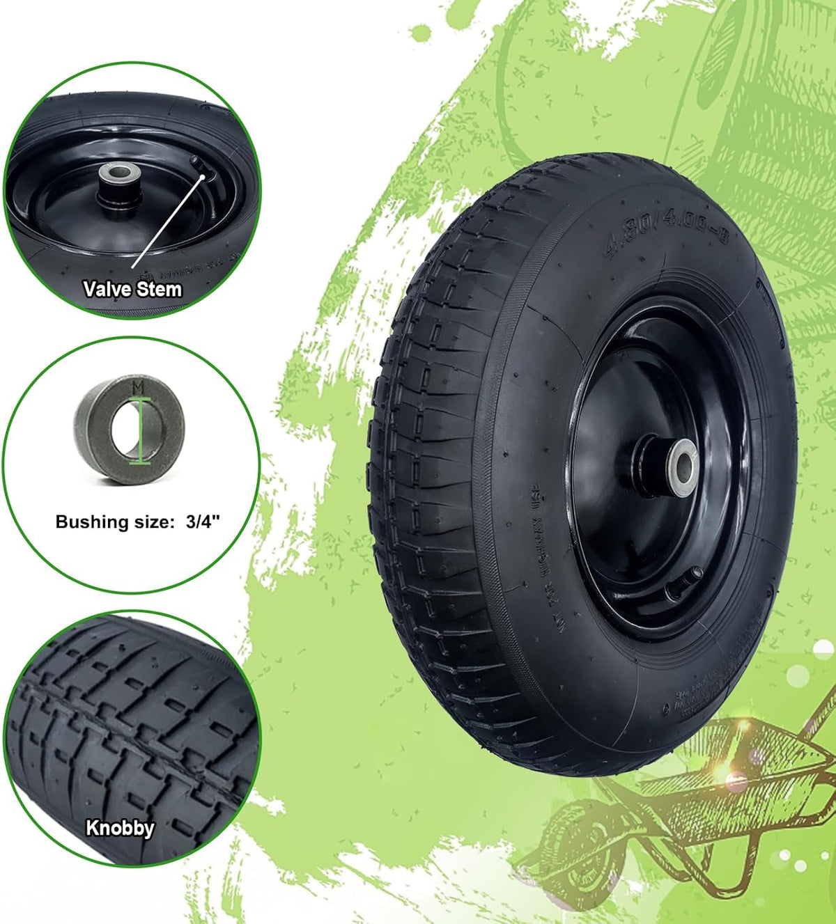 2-Pack 4.80/4.00-8" Pneumatic Wheelbarrow Wheel and Tires with 3"- 6" Center Hub and 3/4" Bushings