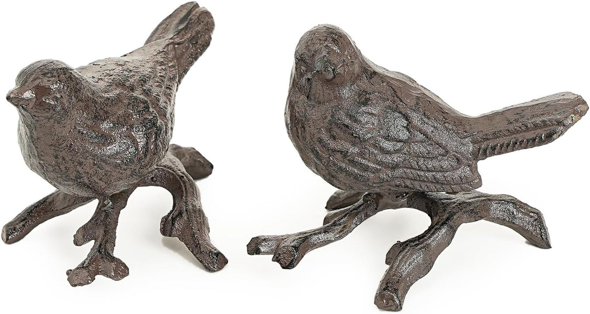 Sungmor Cast Iron Small Bird Statues, Set of 2 Realistic Rust Brown Bird with Branch Collectible