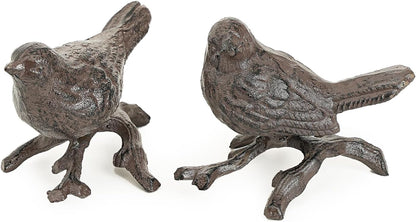 Sungmor Cast Iron Small Bird Statues, Set of 2 Realistic Rust Brown Bird with Branch Collectible