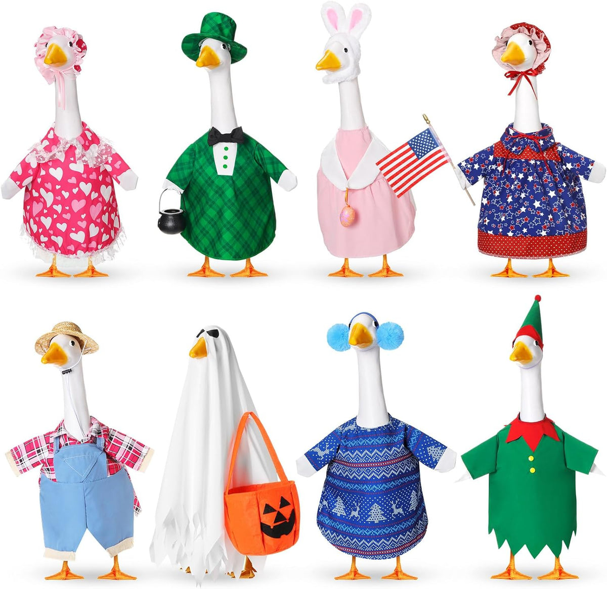 8 Set Seasonal Holiday Goose Outfits Fall Halloween Christmas Summer All Seasons Lawn Porch Goose
